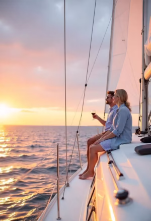 Couple on a yacht, representing boat rental, excursion sales, and guided tour services.