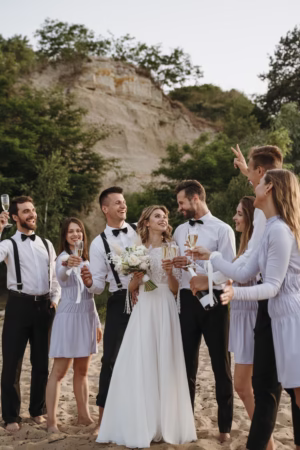 Newlyweds celebrating with friends, representing wedding packages.